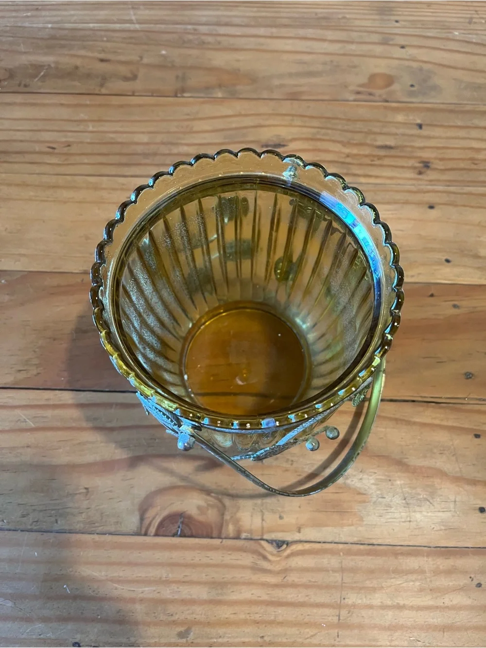 Vintage Amber Glass Ice Bucket with Caged Leaf and Handle
